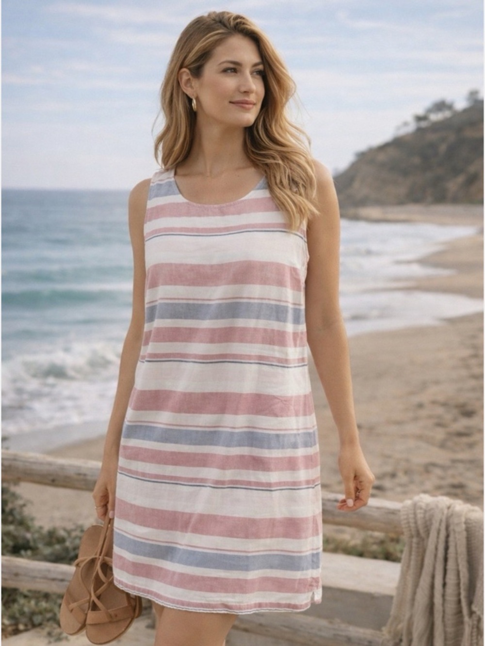 beachlunchlounge Pink and Light Blue Striped Sleeveless Shift Dress 55% Linen